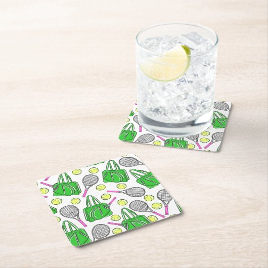 テニス名門私立校風のラケットバッグボール スクエアペーパーコースター (インサイチュ)