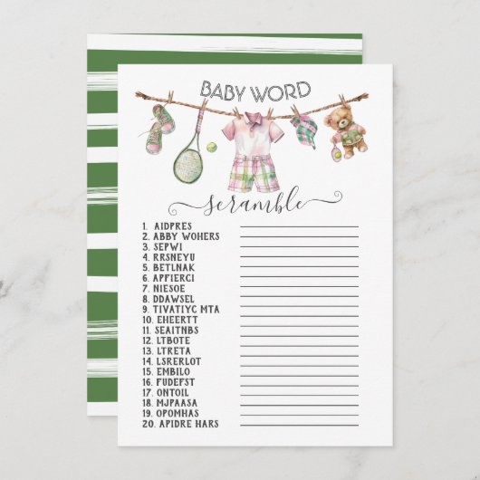 テニス名門私立校風の物干しベビー単語スクランブル 招待状 (正面/裏面)