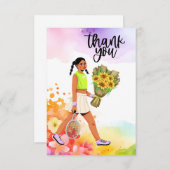 テニス女性の花付き選手 サンキューカード (正面/裏面)