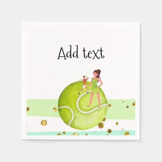 テニス女性プレーヤーはラケットとボールを保持する スタンダードカクテルナプキン (正面)