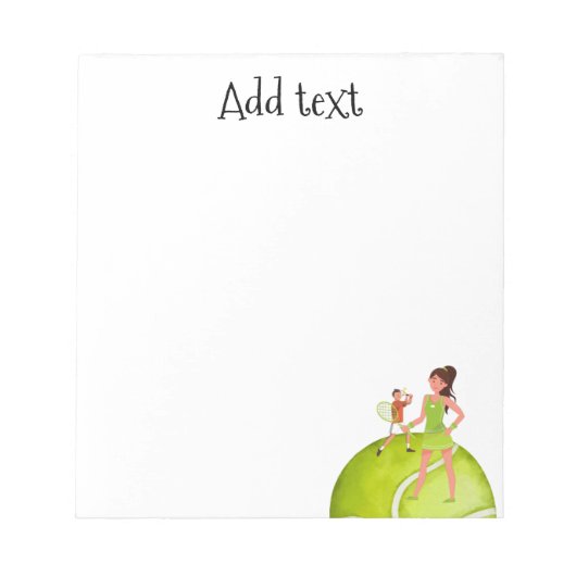 テニス女性プレーヤーはラケットとボールを保持する ノートパッド (正面)