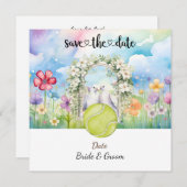 テニス日付を保存ウェディングパーティー招待状 セーブザデート (正面/裏面)