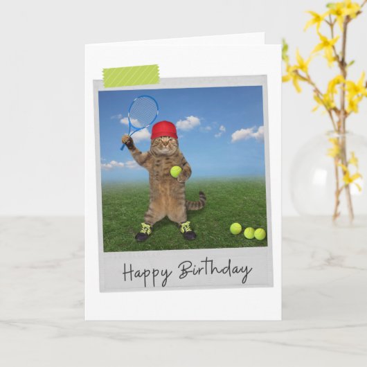 テニス猫おもしろい誕生日カード カード (黄色い花)