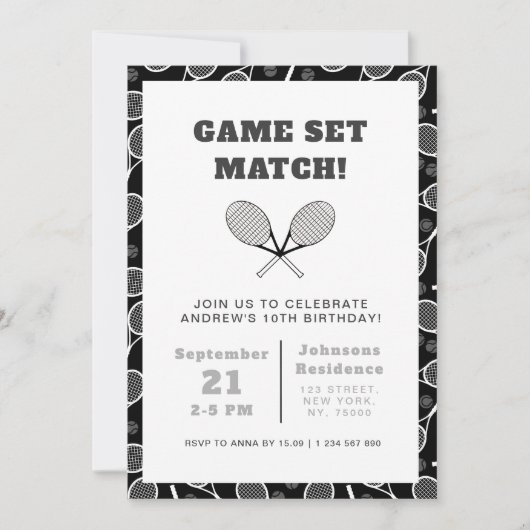 テニス男子誕生日パーティー ラケットの招待状 招待状 (正面)