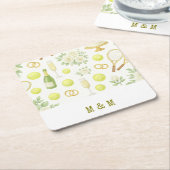 テニス結婚のテーマとシャンパンラケットリングや輪 スクエアペーパーコースター (アングル)