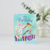 テニス誕生日とテニスプレーヤーの水のカラーカード ポストカード (スタンド正面)