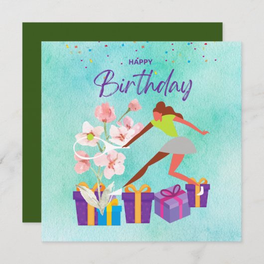 テニス誕生日とテニスプレーヤーの水彩付き カード (正面/裏面)