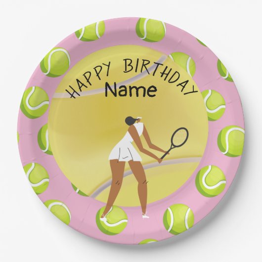 テニス誕生日とテニス選手のピンク ペーパープレート (正面)