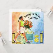 テニス誕生日とテニス選手の女性 カード (正面/裏面インサイチュ)