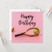 テニス誕生日とラケットのピンク カード (正面/裏面インサイチュ)
