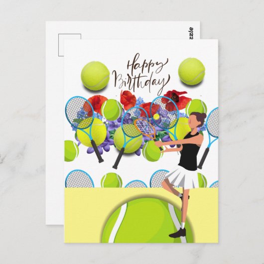 テニス誕生日と女性選手と花 ポストカード (正面/裏面)
