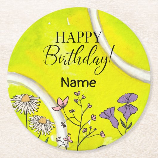 テニス誕生日の選手のためのテニスボール ラウンドペーパーコースター (正面)