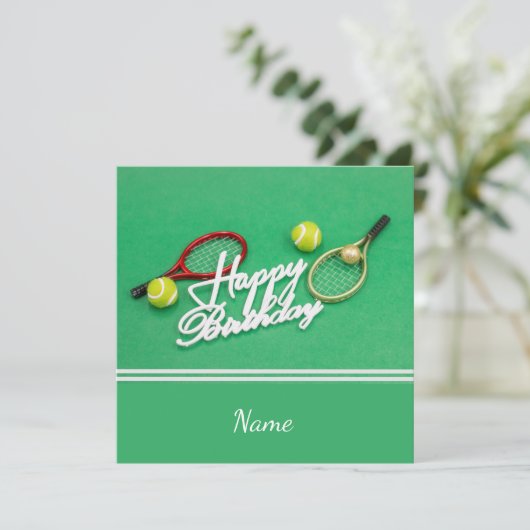 テニス誕生日カードとラケットとボールを緑に カード (スタンド正面)