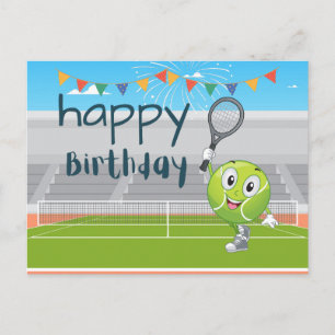 テニス誕生日カードとラケットとボールを緑に ポストカード