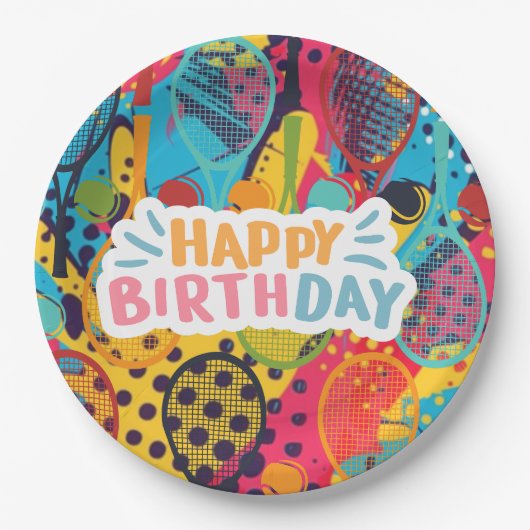 テニス誕生日テニスのラケット選手 ペーパープレート (正面)