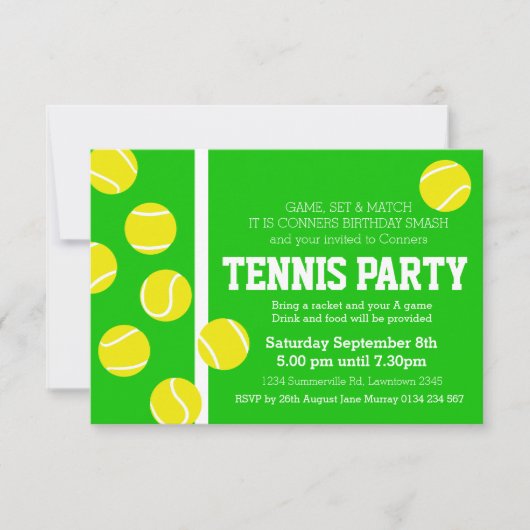 テニス誕生日パーティー招待状グリーン、イエロー&ホワイト 招待状 (正面)