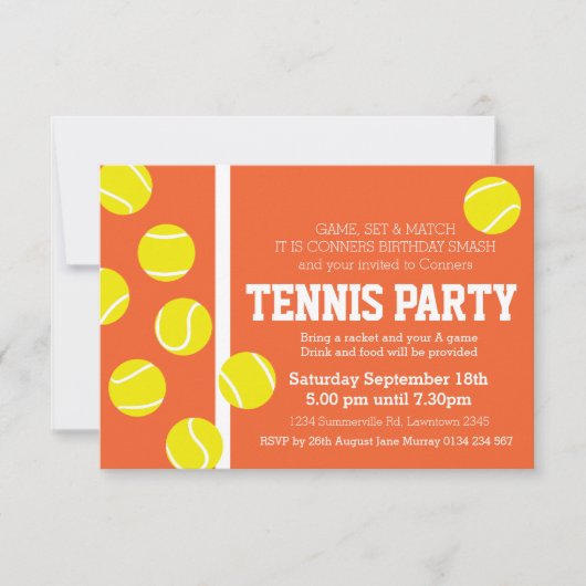 テニス誕生日パーティー招待状赤オレンジ色の粘土コート 招待状 (正面)
