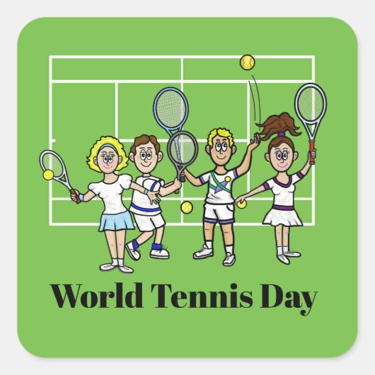 テニス選手とコートのステッカーまたは名前タグ スクエアシール (正面)