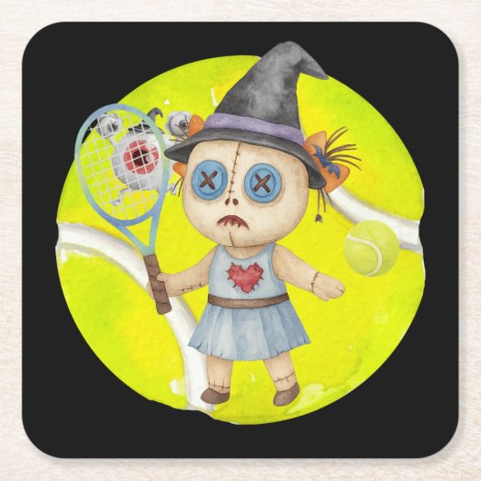 テニス選手のためのテニスのハロウィーンをテーマにした スクエアペーパーコースター (正面)