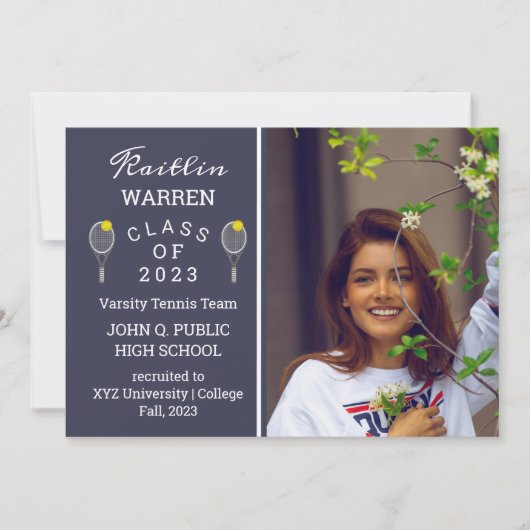 テニス選手の写真卒業発表 招待状 (正面)