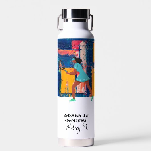 テニス選手の女性または女の子のためのスローガン ウォーターボトル (正面)