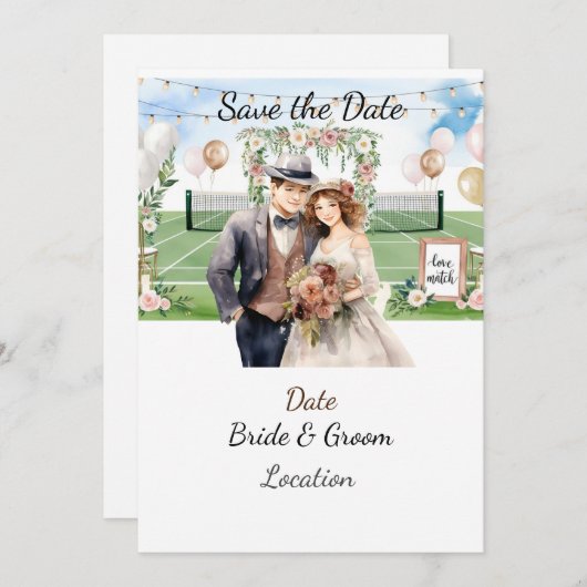 テニス選手の日付を保存結婚する 招待状 (正面/裏面)