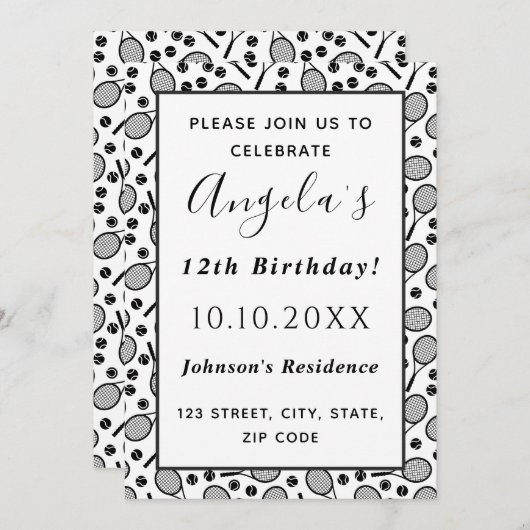 テニス選手の誕生日パーティラケット&ボールおもしろい 招待状 (正面/裏面)