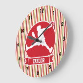 テニス選手; 、赤い、緑オレンジ、白のストライプ ラージ壁時計 (傾斜)