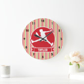 テニス選手; 、赤い、緑オレンジ、白のストライプ ラージ壁時計 (ホーム)