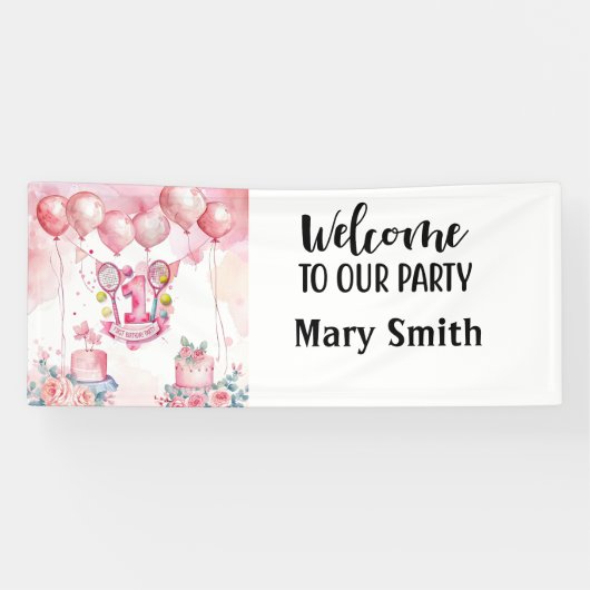 テニス1歳の誕生日、ピンクの誕生日テーマ 横断幕 (横)