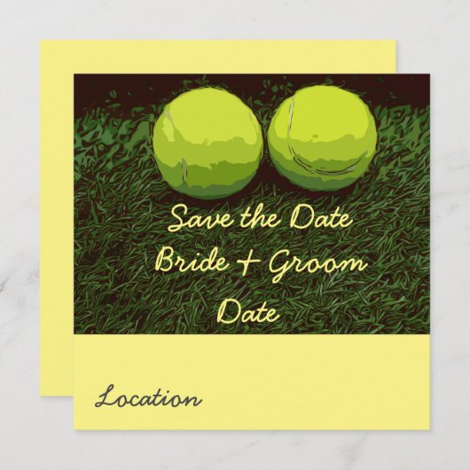 テニス2つのボールが緑の日付を保存 招待状 (正面/裏面)