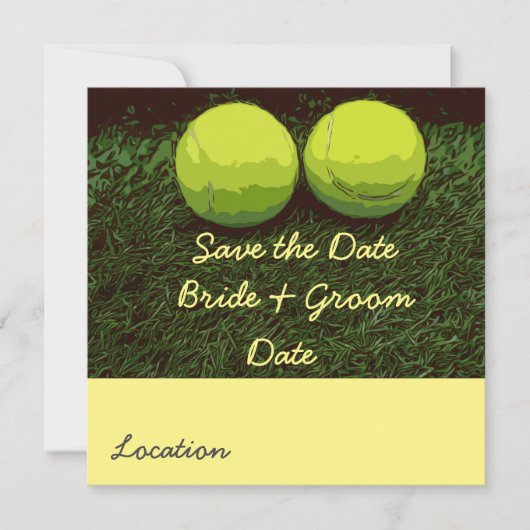 テニス2つのボールが緑の日付を保存 招待状 (正面)