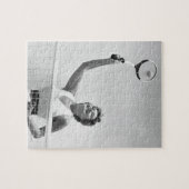 テニス2を遊んでいる女性 ジグソーパズル (横)