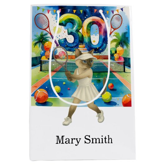 テニス30歳の誕生日をテーマにシアムの猫好き ミディアムペーパーバッグ (正面)