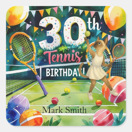 テニス30歳の誕生日シャム猫好き スクエアシール (正面)