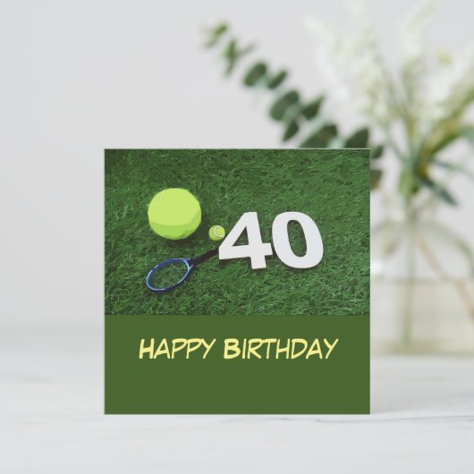 テニス40歳の誕生日とテニスボール付きグリーンカー カード (スタンド正面)