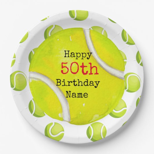 テニス50誕生日とテニスボールとナンバー ペーパープレート (正面)