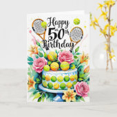 テニス50誕生日テニスボールとナンバー カード (黄色い花)