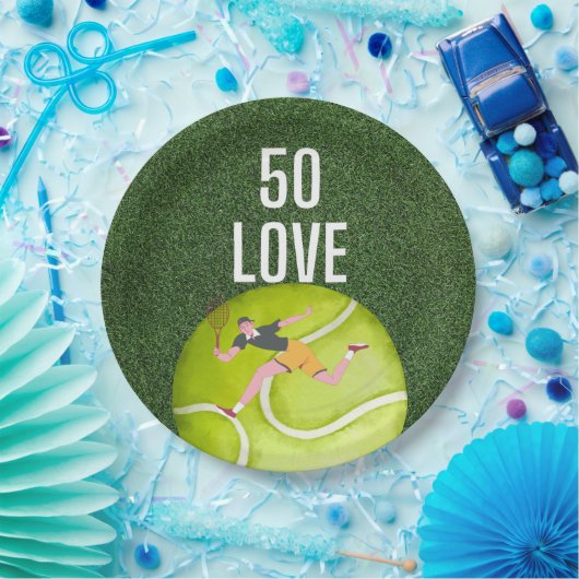 テニス50誕生日テニスボールとプレーヤーグリーン ペーパープレート (パーティー)