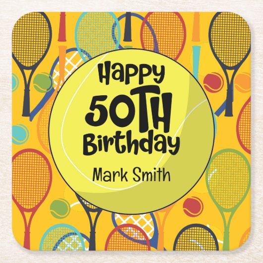 テニス50誕生日名オンラケットをテーマ スクエアペーパーコースター (正面)