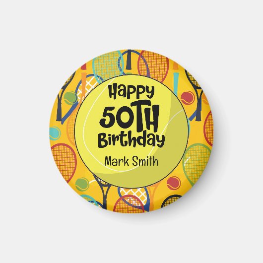 テニス50誕生日名オンラケットをテーマ マグネット (正面)