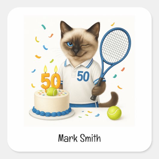 テニス50誕生日用猫好き スクエアシール (正面)