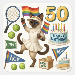 テニス50誕生日用猫好き スクエアシール