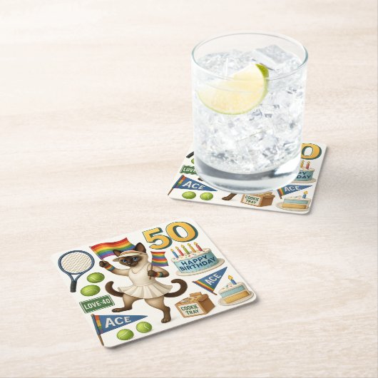 テニス50誕生日用猫好き スクエアペーパーコースター (インサイチュ)