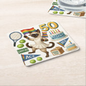 テニス50誕生日用猫好き スクエアペーパーコースター (アングル)