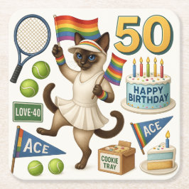 テニス50誕生日用猫好き スクエアペーパーコースター