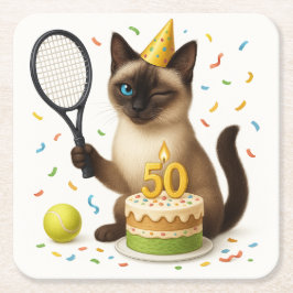 テニス50誕生日用猫好き スクエアペーパーコースター