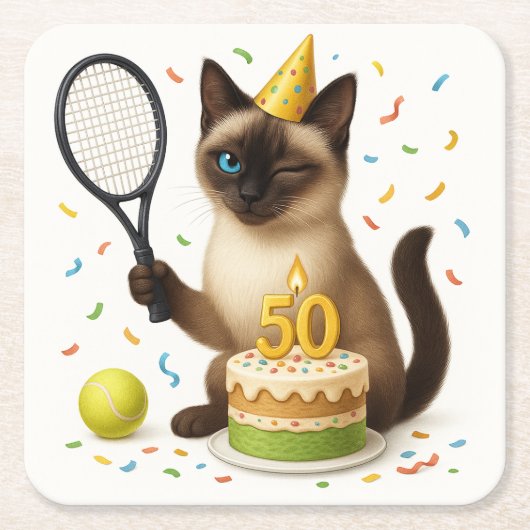 テニス50誕生日用猫好き スクエアペーパーコースター (正面)