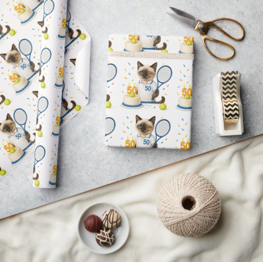 テニス50誕生日用猫好き ラッピングペーパー (クラフト)