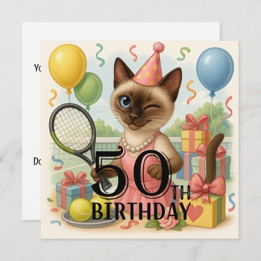 テニス50誕生日用猫好き 招待状 (正面/裏面)